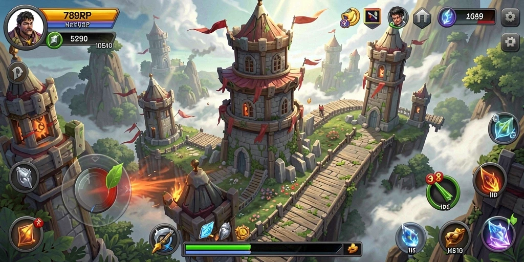 Screenshot permainan 789RP memperlihatkan pertempuran Tower Defense yang intens.