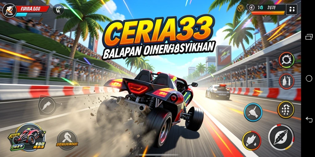 Screenshot menunjukkan aksi balapan cepat di CERIA33 dengan kendaraan yang menarik.