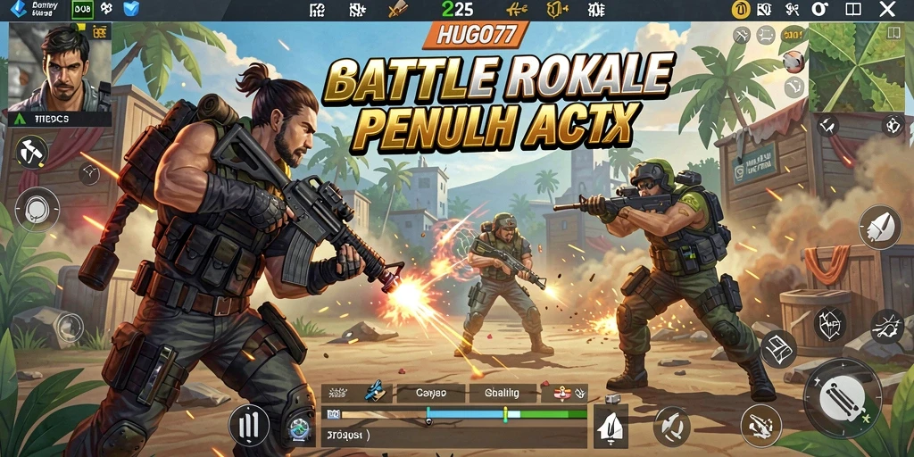 Tampilan intens gameplay HUGO77 dalam pertempuran Battle Royale.