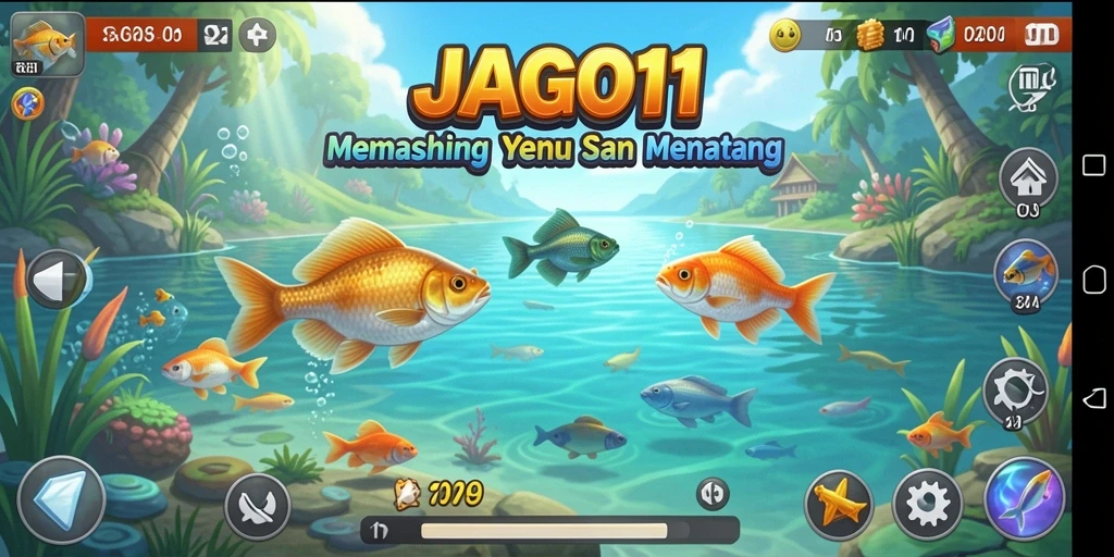 Screenshot gameplay JAGO11 dengan aksi memancing yang mendebarkan.