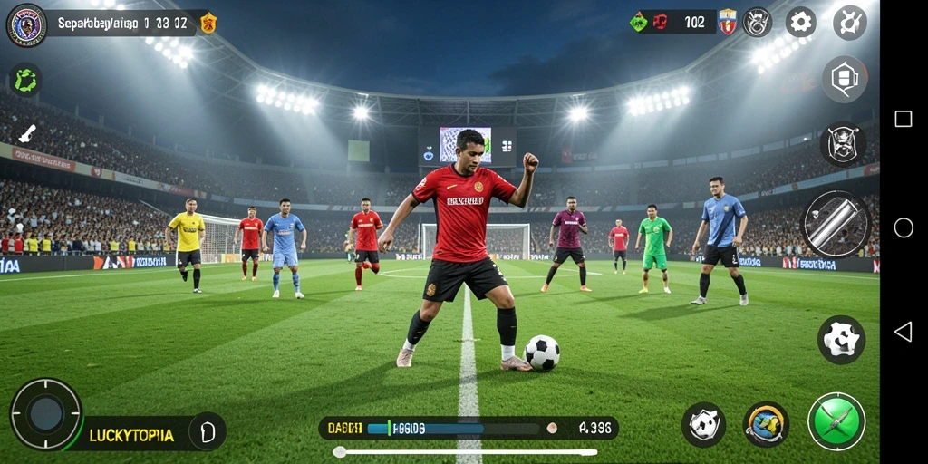Tampilan gameplay LUCKYTOPIA yang mendebarkan dengan aksi sepak bola nyata.