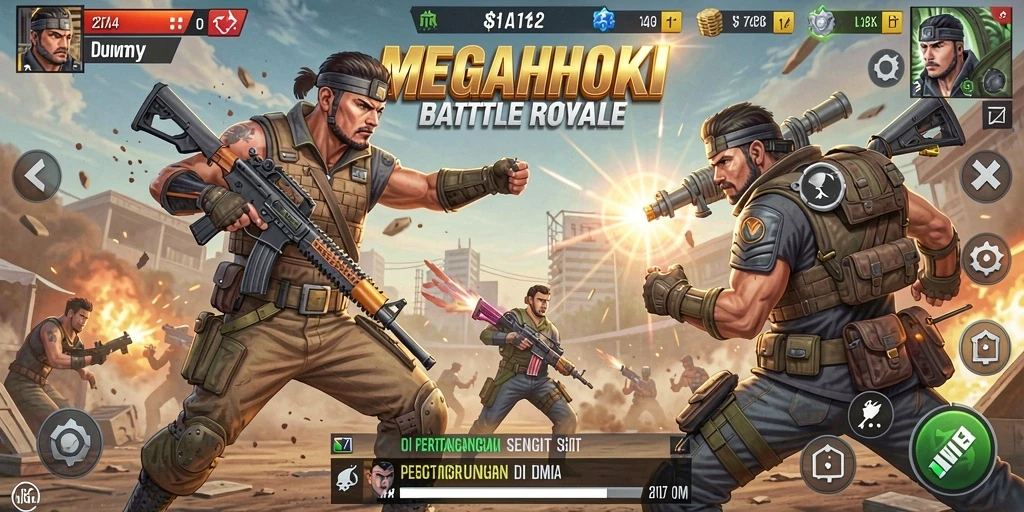 Tangkapan layar MEGAHOKI yang menunjukkan aksi seru Battle Royale.