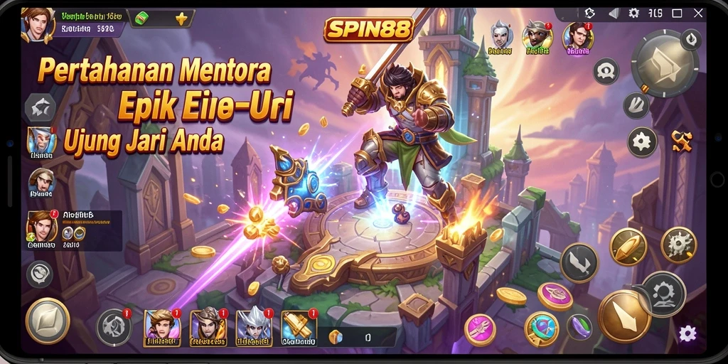 Tangkapan layar gameplay SPIN88 menampilkan aksi menara pertahanan yang menegangkan.