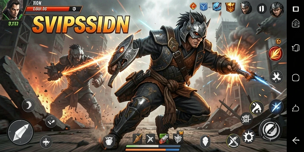Screenshot gameplay SVIPSIDN yang menunjukkan aksi tempur yang menegangkan.